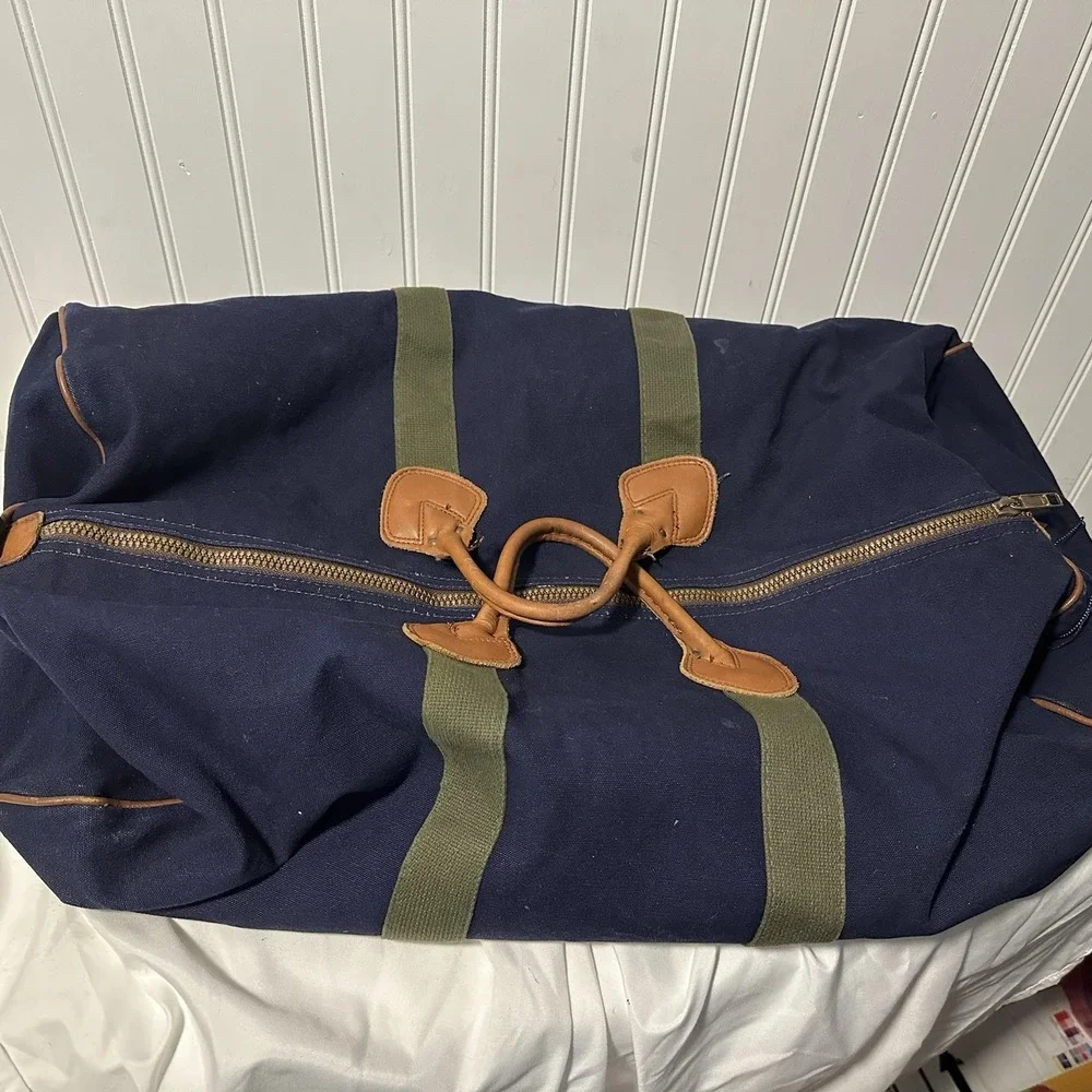 Vintage 80s/90s LL Bean Crinkle Tag‎ Blue Canvas And Brown Leather Tote Bag